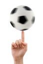 Hand and spinning soccer ball Royalty Free Stock Photo