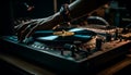 Hand spinning turntable, mixing nightlife party with electrical equipment fun generated by AI