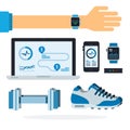 Set of sport equipment, app on gadget, sneaker and hand with bracelet vector icon flat isolated. Royalty Free Stock Photo