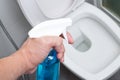 Hand spray cleaner with clean Toilet Seats or Bathroom Background.