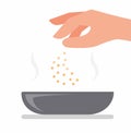 Hand sprinkle salt on bowl, cartoon flat illustration vector