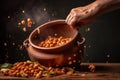 A hand is sprinkling chickpeas into a pot AI generation