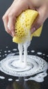 Hand squeezing sponge with soap suds Royalty Free Stock Photo