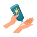 Hand Squeezing Sunscreen Lotion Tube for Skin Protection and UV Rays Blocking Vector Illustration