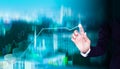 Hand staff point on trend line of Bitcoin crypto currency