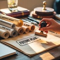 Hand stamping future plan document with rolled academic scrolls on a wooden table Royalty Free Stock Photo