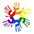 Hand stamps colored in LGBT colors, rainbow palms, vector