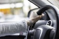 Hand on steering wheel shallow dof