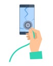 The hand with stethoscope examing broken smartphone. Phone repair concept.