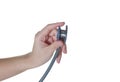 Hand with stethoscope on white background