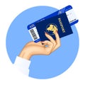 Hand of stewardess with passport and air ticket on round blue ba Royalty Free Stock Photo