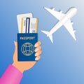 Hand of stewardess with passport and air ticket on round blue background. Business Hand Holding Passport And Tickets Royalty Free Stock Photo