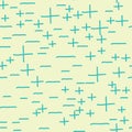 Hand stitch blue marks on yellow background plu and minus vector seamless repeat pattern