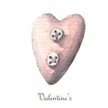 hand-stitched heart with buttons Isolated on white background. Watercolor valentines day clipart.