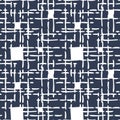 Hand stitching textile seamless pattern. Hand drawn ink brush dash line grid, white color. Blue easy editable color