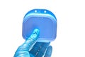 Hand of stomatologist is holding container for custom dental tray Royalty Free Stock Photo