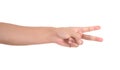 A hand stretched out in front of a white background to make a scissors hand gesture
