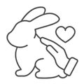 Hand stroking rabbit and heart, animals care thin line icon, pets care concept, love bunny vector sign on white
