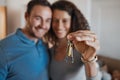 Hand, success or happy couple with house keys in real estate, property investment or buying apartment. New home blur Royalty Free Stock Photo