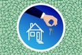 Hand in a suit gives house keys. Buying a property for sale. Vector horizontal Royalty Free Stock Photo