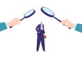 Hand in suit hold magnifying glass, concept businessman character under control flat vector illustration, isolated on