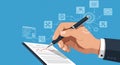 A hand in a suit holds a pen, poised over a document with a red graph line. The