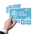A hand pressing a cyber security button with various icons around it Royalty Free Stock Photo