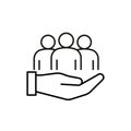 Hand support community people, line icon. Care, protection, help group people. Solidarity, volunteer support. Vector