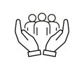 Hand support community people, line icon. Care, protection, help group people. Solidarity, volunteer support. Vector