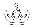 Hand support disability people, inclusion, line icon. Care, protection, help disabled person. Wheelchair. Volunteer