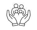 Hand support family community, kinship line icon. Care, protection, help parents and children in family. Generational