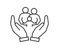 Hand support family community, kinship line icon. Care, protection, help parents and children in family. Generational