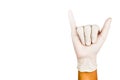 Hand in surgical latex glove gesture number Six Royalty Free Stock Photo