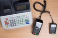 Hand Swiping Credit Card In a Store with cash register Royalty Free Stock Photo