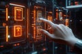 A hand swiping through an interactive futuristic library catalog with floating glowing book icons and dynamic 3D user interface