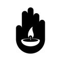 Hand symbol with a candle illustration. Concept sorrow, grief, prayer.