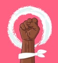 Hand Symbol of Feminism Movement. Woman Hand with her fist raised up. Girl Power Sign on White Background. Stock Vector Royalty Free Stock Photo