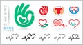 Hand symbols with little hearts and their heart beats. Lines drawing of heart shapes and heart lines.