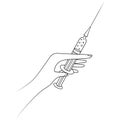 Hand and syringe for injection. The doctor is about to administer the vaccine. Sketch. Vector illustration. Coloring book. Royalty Free Stock Photo