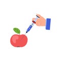 Hand with syringe injects apple, GMO concept - flat vector illustration isolated on white background.