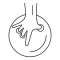 Hand take a bowling ball icon, outline style