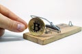 A hand that takes a coin of bitcoin from mousetrap. Royalty Free Stock Photo