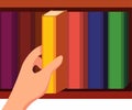 Hand taking book from bookshelf. bookstore, library cartoon illustration vector