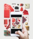 Hand taking photo of Christmas theme Flat lat Lay