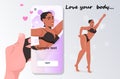 Hand taking photo of girl in bikini on smartphone camera social network love your body concept Royalty Free Stock Photo