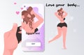 Hand taking photo of girl in bikini on smartphone camera social network love your body concept Royalty Free Stock Photo