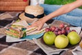 Hand taking sandwich from plate during picnic Royalty Free Stock Photo