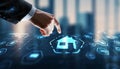 Hand tapping smart home icon on futuristic digital interface, home automation Royalty Free Stock Photo