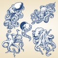 Octopus Drawing Blue Vintage Vector illustrtor