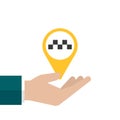 Hand with taxi yellow pin. Vector taxi mobile app icon. Call a taxi online, mobile application Royalty Free Stock Photo